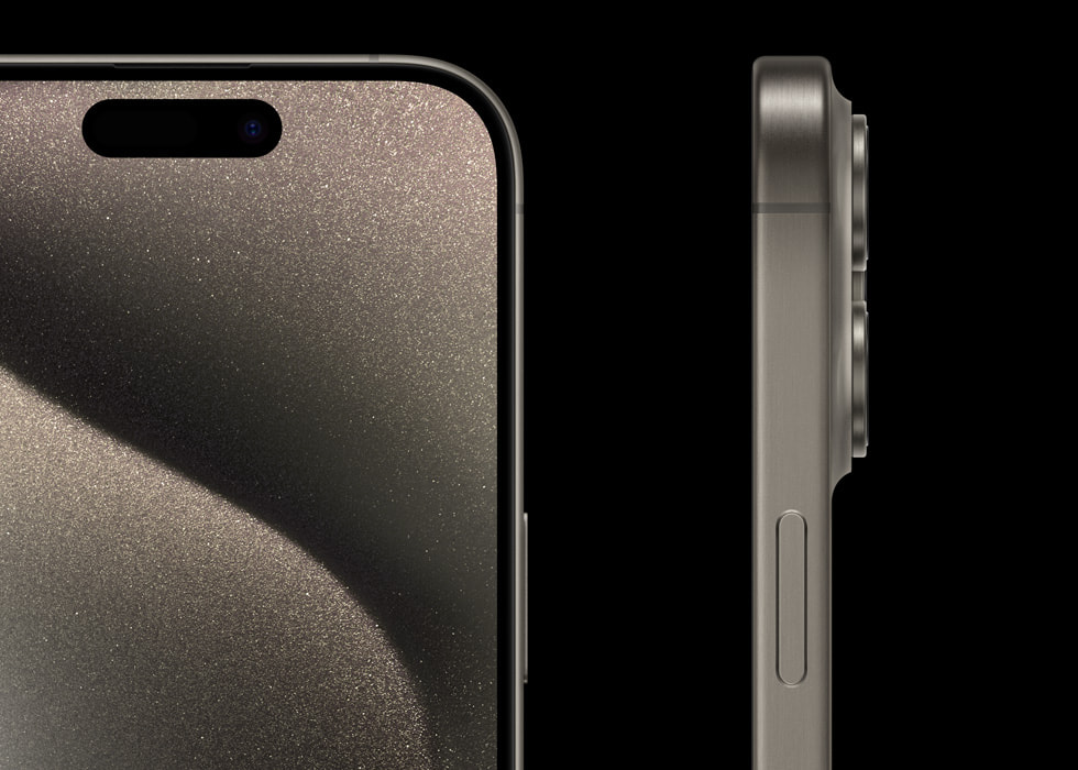iPhone 15 Pro 超瓷晶盾面板、超薄邊框和弧形邊緣的特寫。 